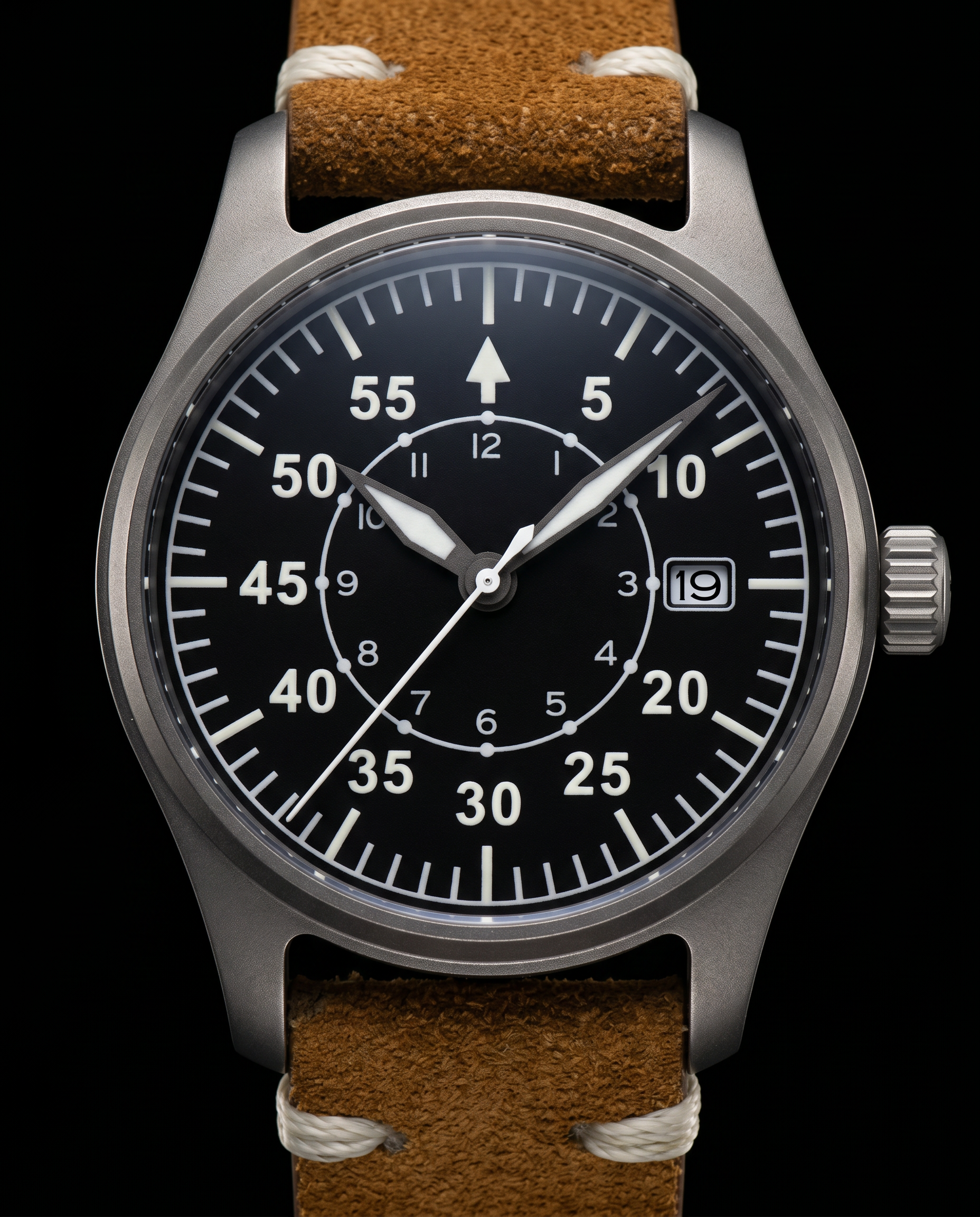 Flieger Mistral ORVEN — vue de trois quarts, boîtier titane grade 2 finition brossée