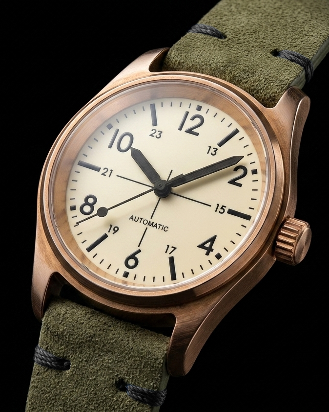 Flieger Noroît ORVEN — détail cadran Super-LumiNova, bronze CuSn8 patiné