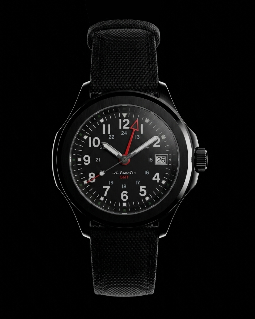 Méridien ORVEN — vue de trois quarts, cadran noir et aiguille GMT rouge, calibre NH34