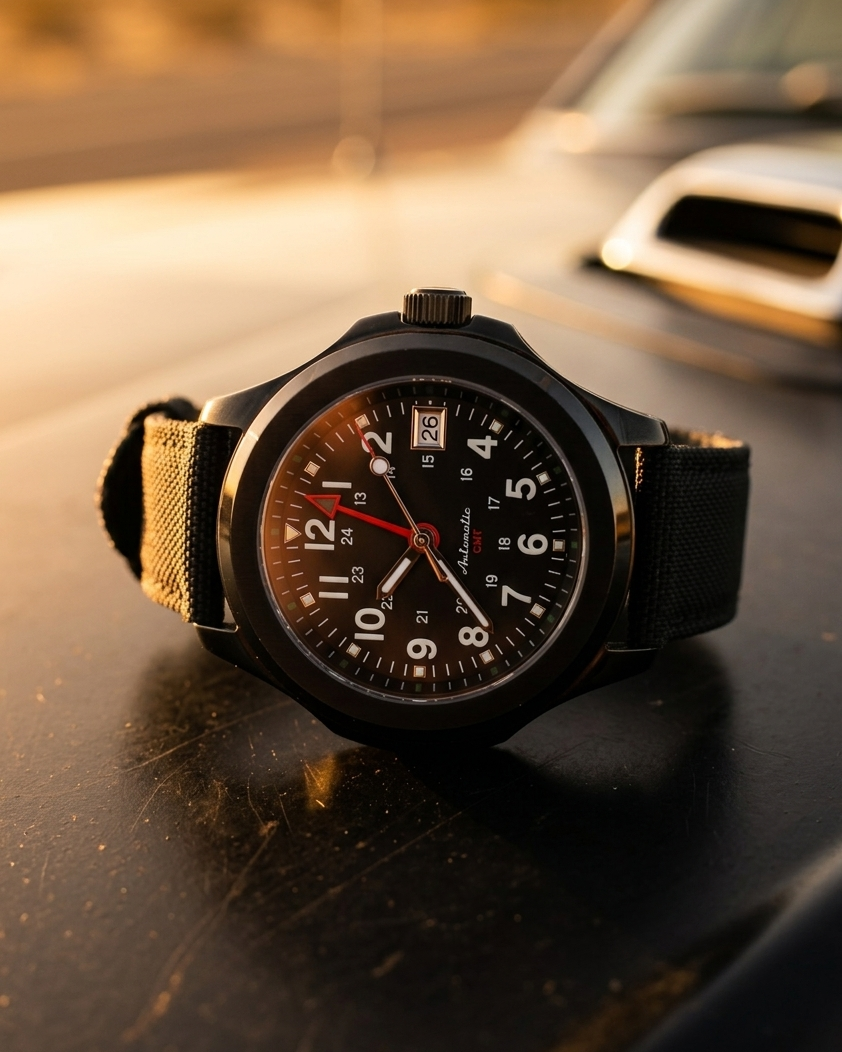 Méridien ORVEN — montre GMT automatique acier PVD noir 39,5 mm, aiguille 24h rouge