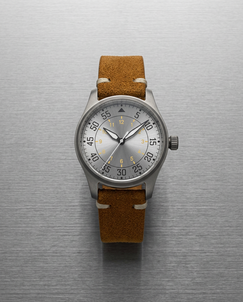 Flieger Autan ORVEN — détail aiguilles et index, finition titane grade 2