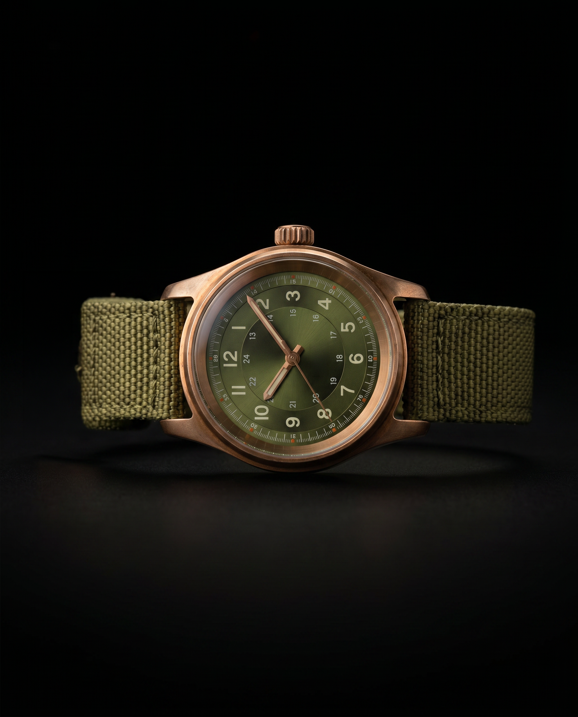 Flieger Sirocco ORVEN — packshot fond noir, boîtier bronze, patine naturelle