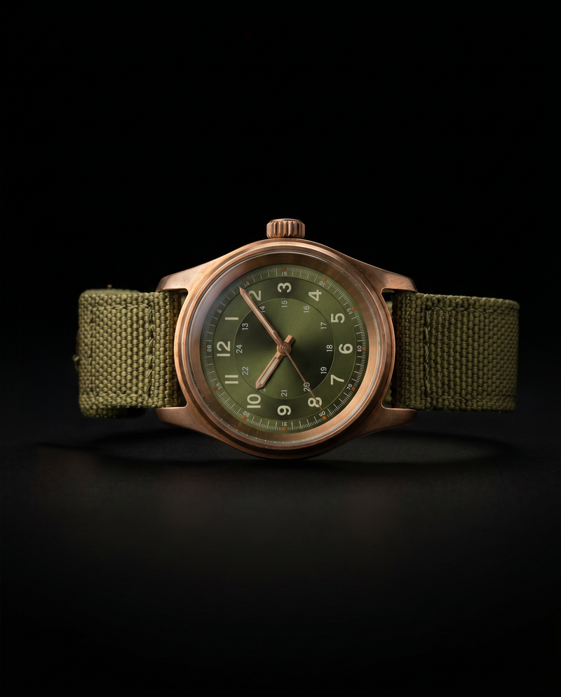 Pièce 1 (bronze, cadran vert, bracelet kaki)