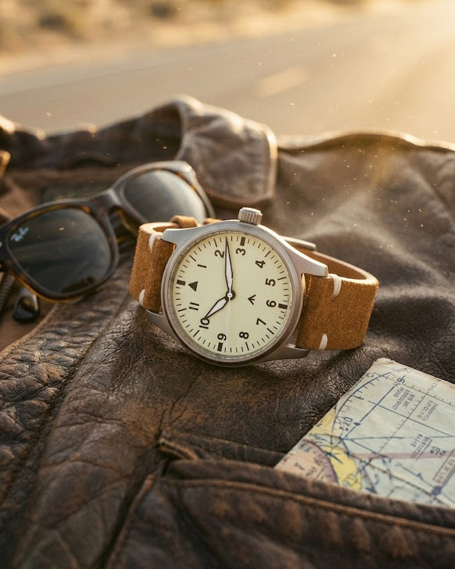 Flieger Galerne ORVEN — montre automatique titane 39 mm, cadran type B Super-LumiNova C3, bracelet cuir suédé